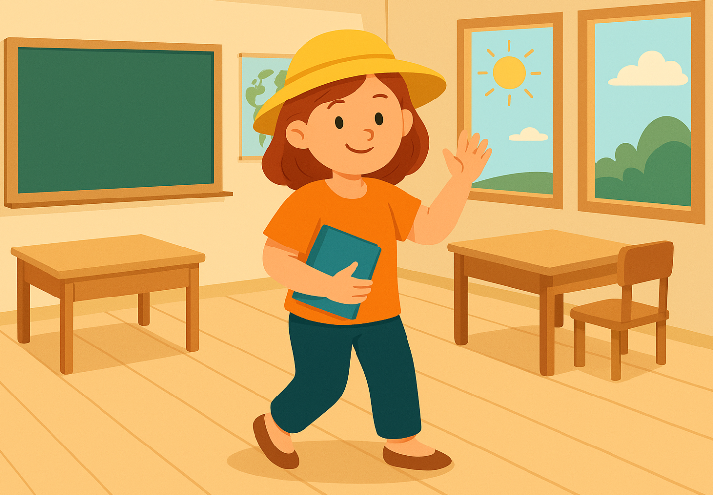 Illustratie van een vrolijke leerkracht die met een boek de klas binnenloopt, als symbool voor een ontspannen en goed voorbereide start van het schooljaar – passend bij Leuklesmateriaal.