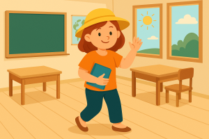 Illustratie van een vrolijke leerkracht die met een boek de klas binnenloopt, als symbool voor een ontspannen en goed voorbereide start van het schooljaar – passend bij Leuklesmateriaal.