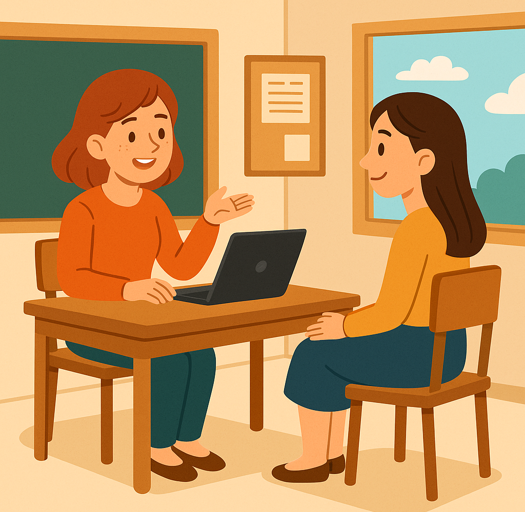 Illustratie van een leerkracht in gesprek met een ouder tijdens een 10-minutengesprek, passend bij het blog op leuklesmateriaal.nl
