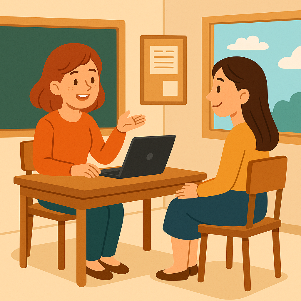 Illustratie van een leerkracht in gesprek met een ouder tijdens een 10-minutengesprek, passend bij het blog op leuklesmateriaal.nl
