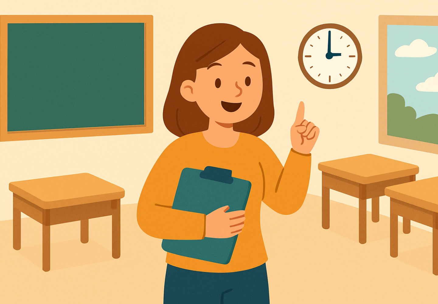 Cartoonachtige illustratie van een vrolijke basisschoolklas waarin leerlingen actief meedoen en de leerkracht enthousiast afsluit — passend bij een blog over betrokkenheid tot de laatste minuut van de les.