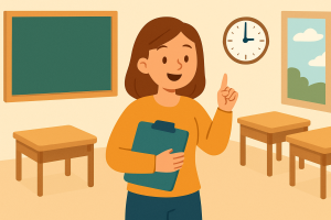 Cartoonachtige illustratie van een vrolijke basisschoolklas waarin leerlingen actief meedoen en de leerkracht enthousiast afsluit — passend bij een blog over betrokkenheid tot de laatste minuut van de les.