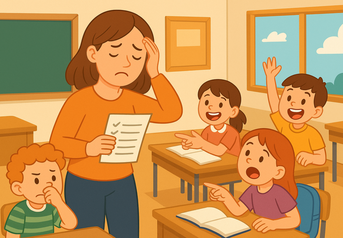 2D-tekening van een vrouwelijke leerkracht in een levendige klas vol kinderen, die ondanks de chaos rustig en vrolijk overzicht houdt – passend bij de blog over drukte in de klas op leuklesmateriaal.nl