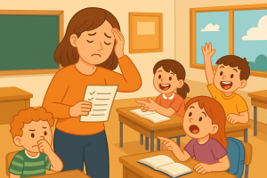 2D-tekening van een vrouwelijke leerkracht in een levendige klas vol kinderen, die ondanks de chaos rustig en vrolijk overzicht houdt – passend bij de blog over drukte in de klas op leuklesmateriaal.nl
