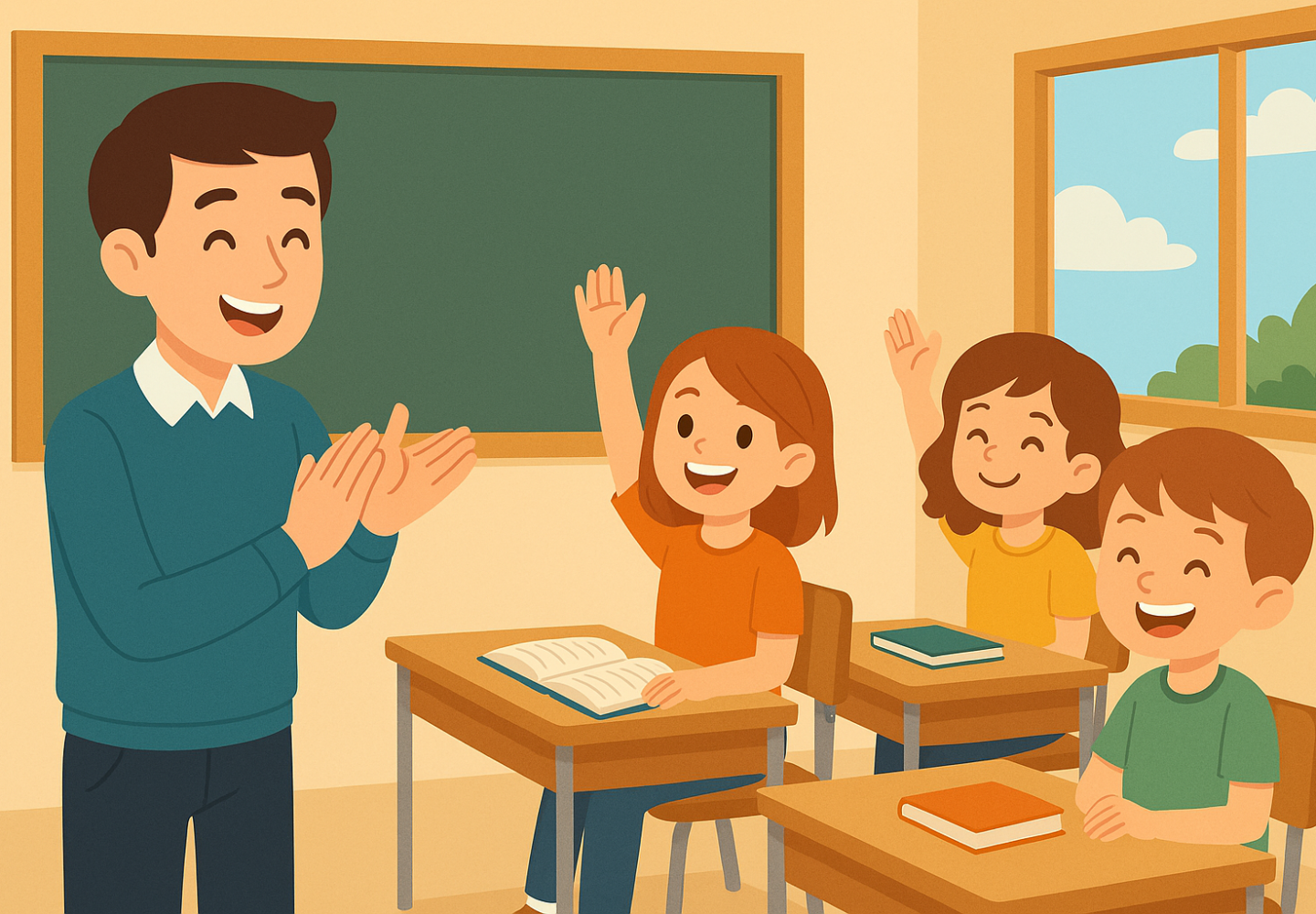 Cartoonachtige illustratie van een klaslokaal waar leerlingen samen met de leerkracht klasseregels bedenken en opschrijven op een groot vel papier — passend bij een blog over het samen opstellen van effectieve regels in de klas.