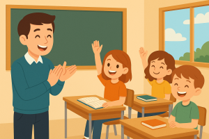 Cartoonachtige illustratie van een klaslokaal waar leerlingen samen met de leerkracht klasseregels bedenken en opschrijven op een groot vel papier — passend bij een blog over het samen opstellen van effectieve regels in de klas.