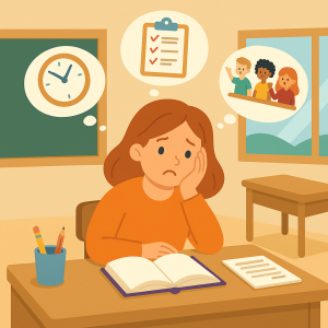 Illustratie van een leerkracht die moe kijkt aan haar bureau met gedachten over taken, tijd en leerlingen – passend bij de blog over een typische schooldag op leuklesmateriaal.nl.