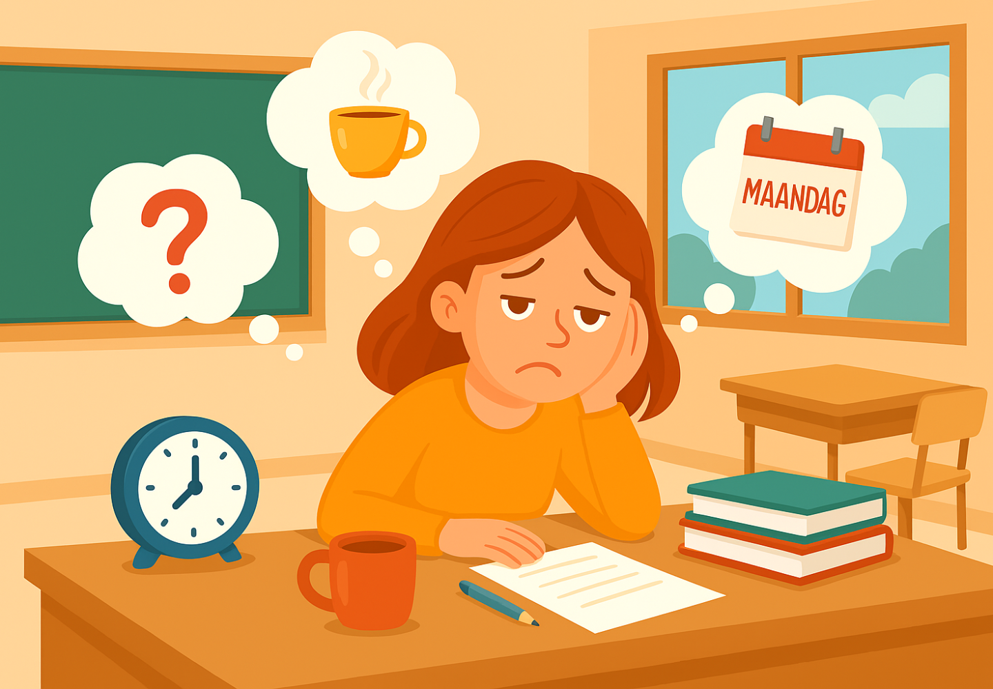 Cartoonachtige illustratie van een vermoeide leerkracht op maandagochtend, zittend aan haar bureau met een stapel papieren en een koude koffiemok – perfect passend bij een blog over herkenbare maandagochtenden in het onderwijs.