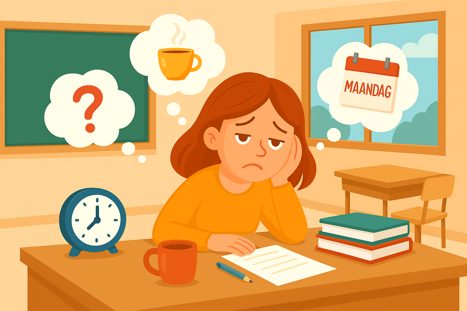 Cartoonachtige illustratie van een vermoeide leerkracht op maandagochtend, zittend aan haar bureau met een stapel papieren en een koude koffiemok – perfect passend bij een blog over herkenbare maandagochtenden in het onderwijs.