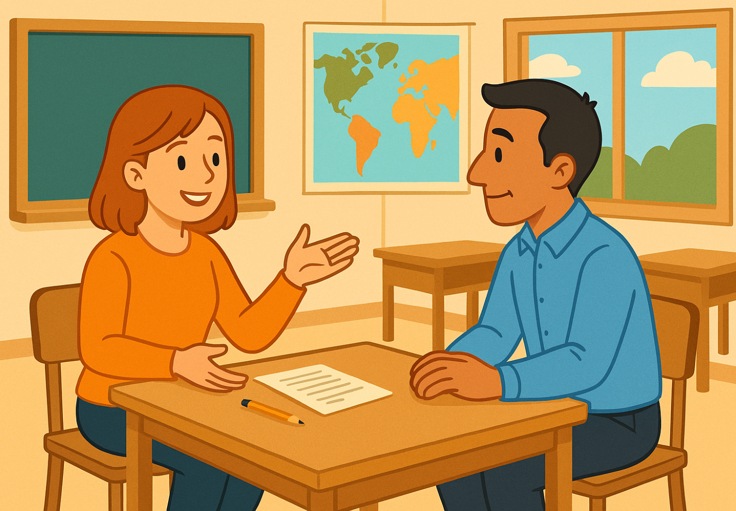 Cartoonstijl illustratie van een leerkracht die aan een tafel zit met twee ouders in een klaslokaal, passend bij een blog over het voeren van een oudergesprek op school.