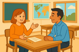 Cartoonstijl illustratie van een leerkracht die aan een tafel zit met twee ouders in een klaslokaal, passend bij een blog over het voeren van een oudergesprek op school.