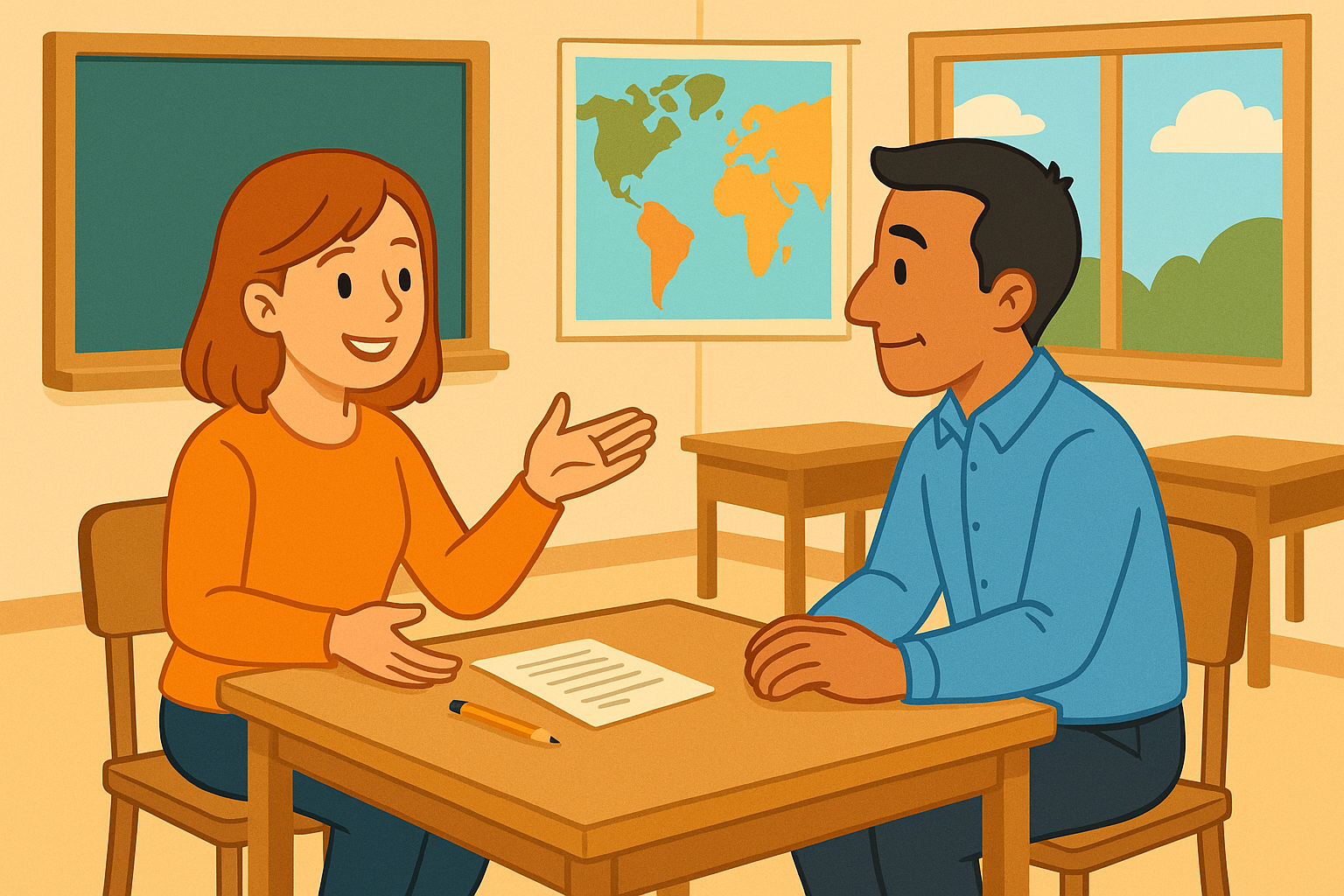 Cartoonstijl illustratie van een leerkracht die aan een tafel zit met twee ouders in een klaslokaal, passend bij een blog over het voeren van een oudergesprek op school.