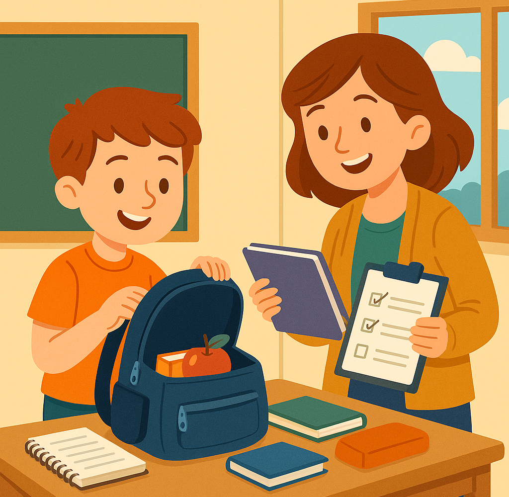 Cartoonachtige illustratie van een basisschoolleerling die verbaasd naar een rommelige schooltas kijkt, met boeken, schriften en losse spullen die eruit vallen – passend bij een blog over structuur en organiseren in de klas.
