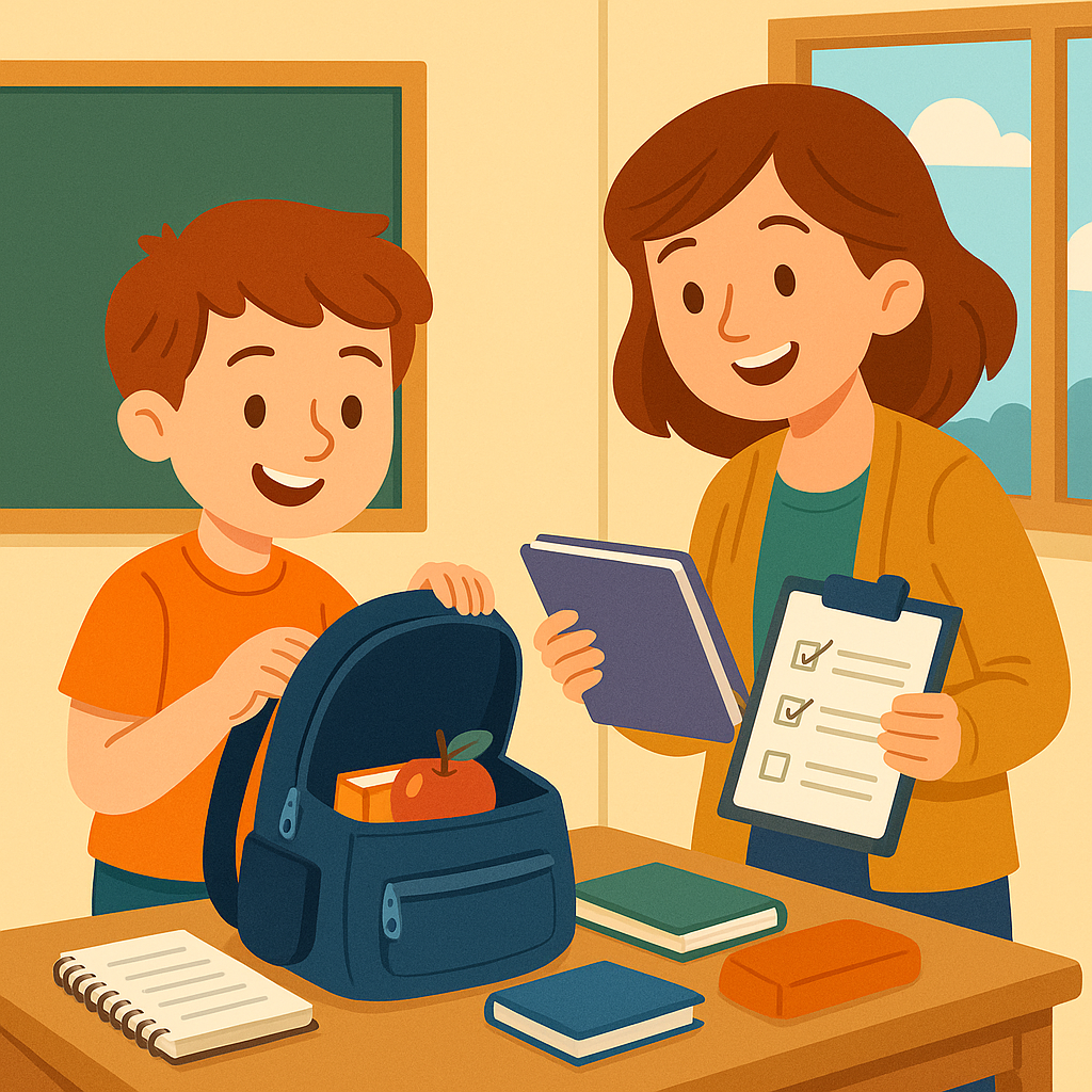Cartoonachtige illustratie van een basisschoolleerling die verbaasd naar een rommelige schooltas kijkt, met boeken, schriften en losse spullen die eruit vallen – passend bij een blog over structuur en organiseren in de klas.