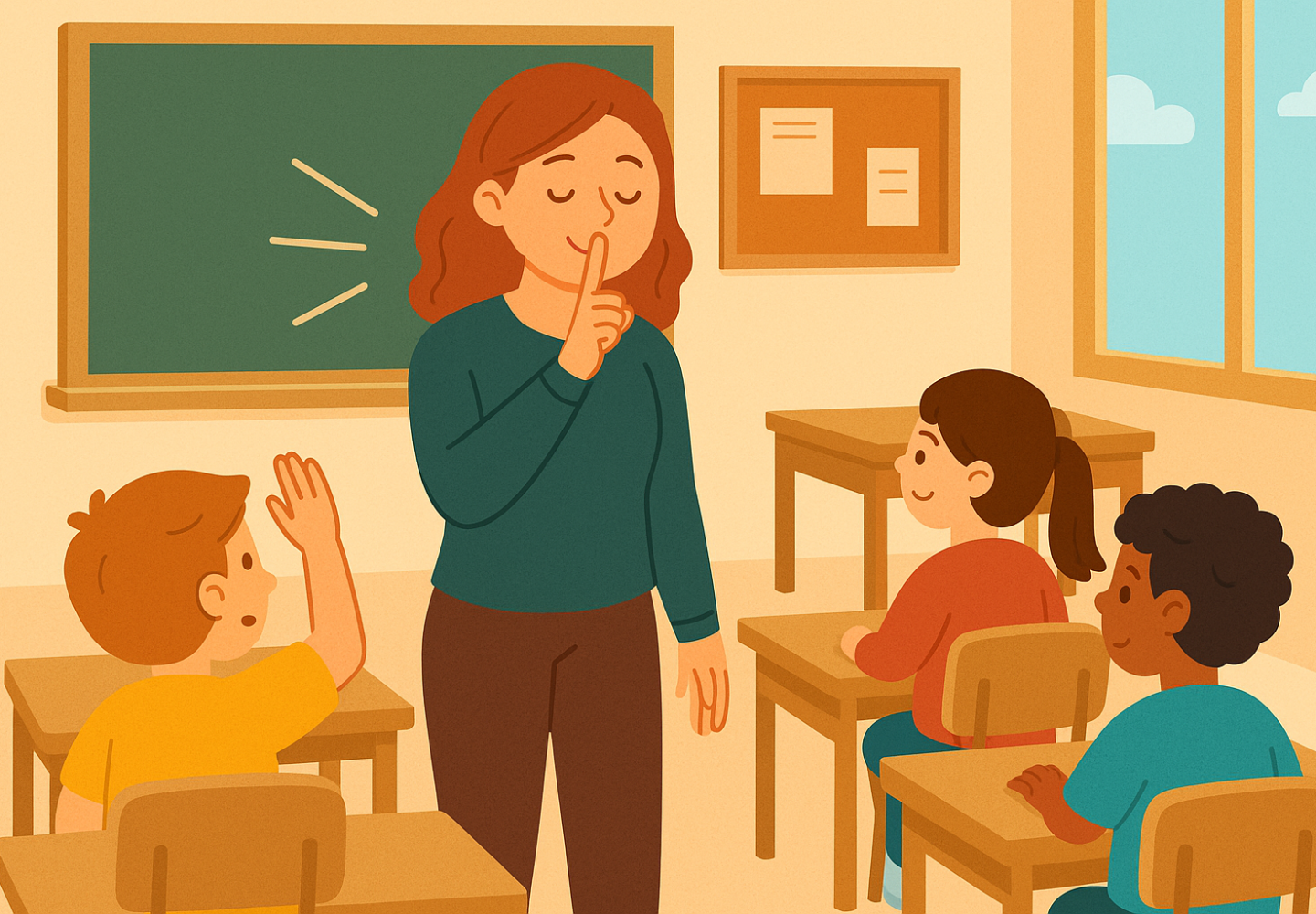2D-illustratie van een leerkracht die in een klaslokaal het stiltegebaar maakt naar haar leerlingen, met een groen schoolbord en kinderen die aandachtig luisteren – passend bij een blog over stilte in de klas op leuklesmateriaal.nl