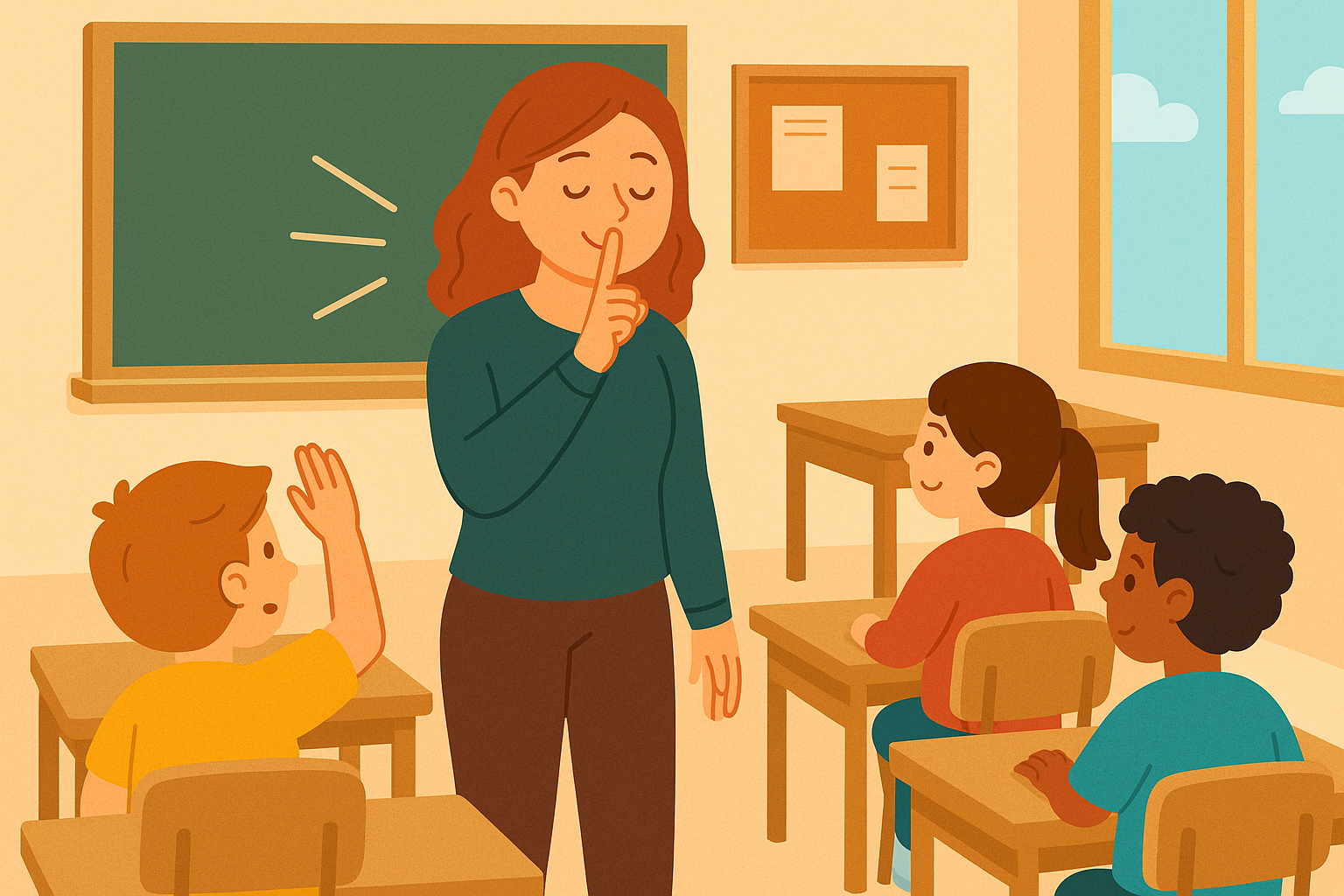 2D-illustratie van een leerkracht die in een klaslokaal het stiltegebaar maakt naar haar leerlingen, met een groen schoolbord en kinderen die aandachtig luisteren – passend bij een blog over stilte in de klas op leuklesmateriaal.nl