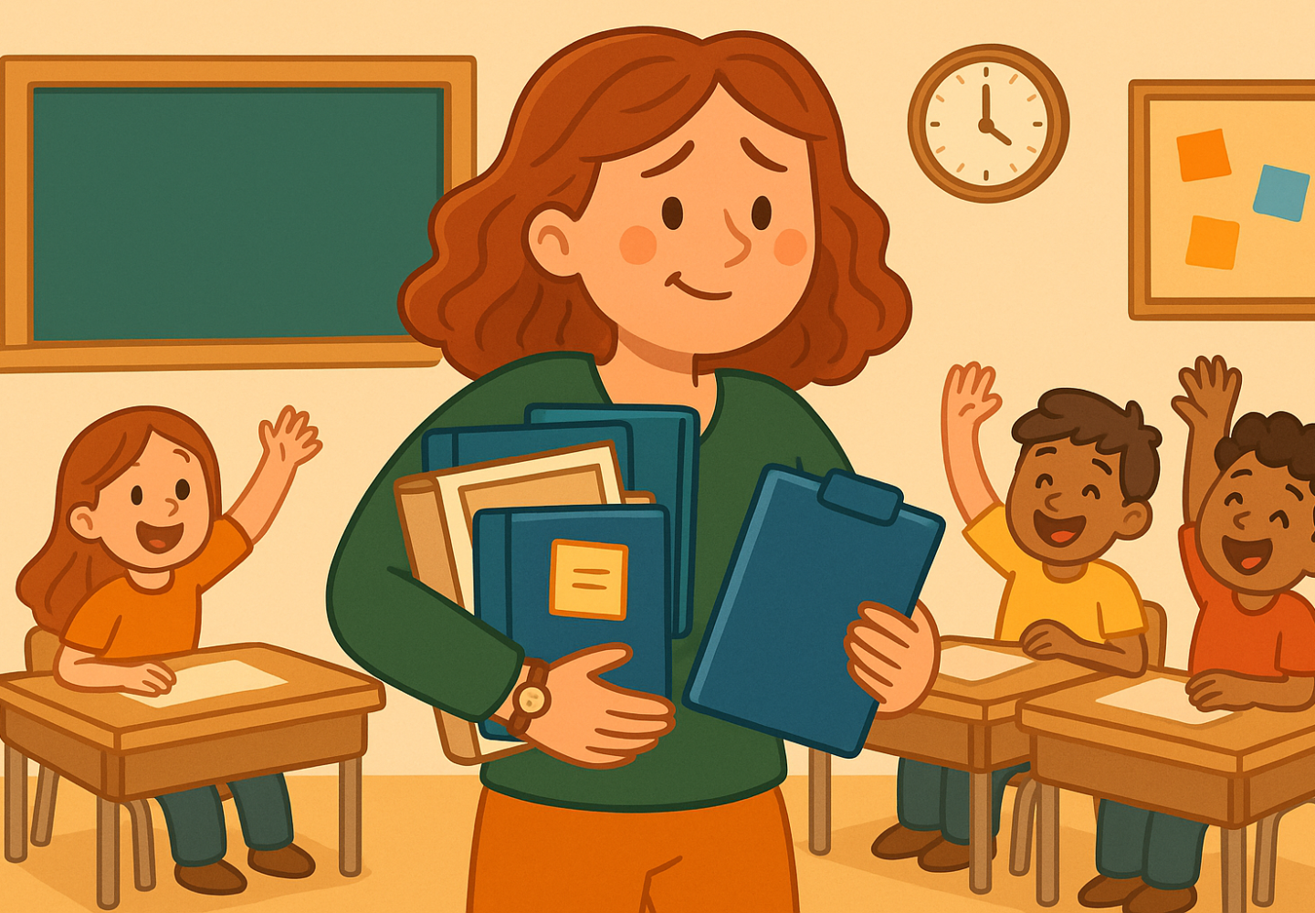Cartoon van een leerkracht met volle armen in een chaotische klas, maar met een glimlach — herkenbaar en luchtig beeld bij werkdruk in het onderwijs.