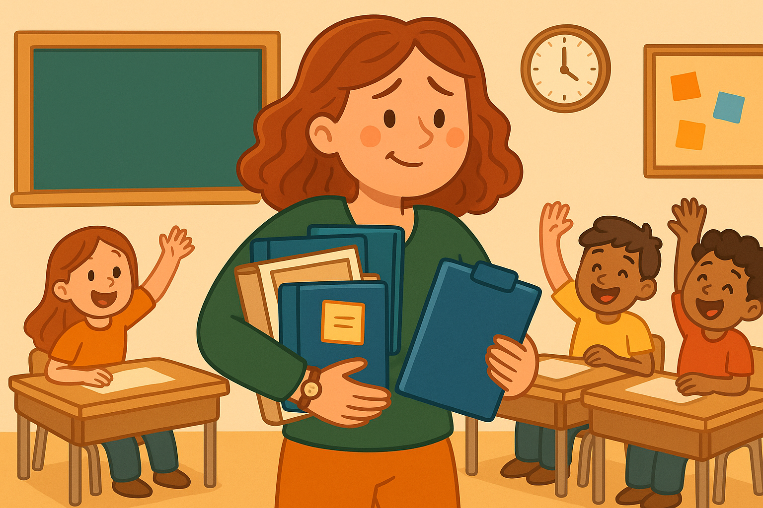 Cartoon van een leerkracht met volle armen in een chaotische klas, maar met een glimlach — herkenbaar en luchtig beeld bij werkdruk in het onderwijs.