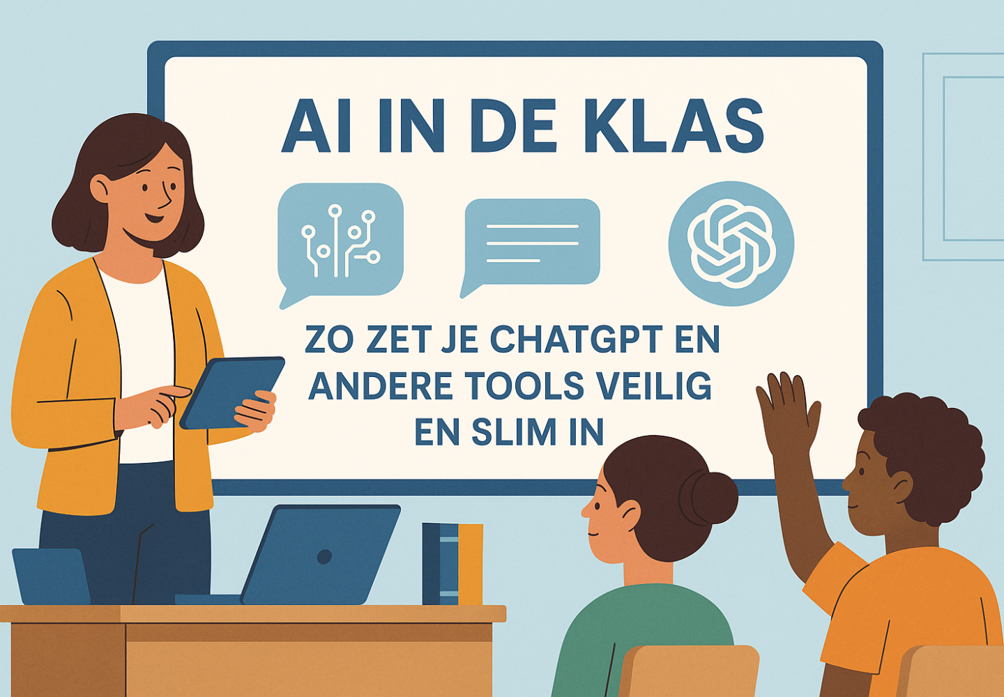 Illustratie van een juf die AI uitlegt in de klas, met een digibord waarop ‘AI in de klas’ staat en leerlingen die actief meedoen.