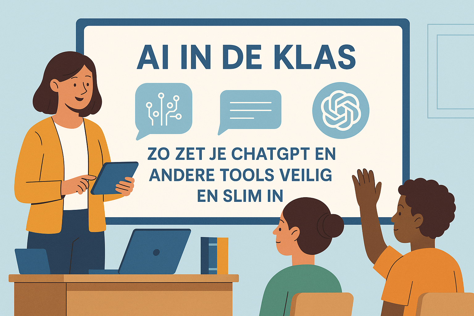 Illustratie van een juf die AI uitlegt in de klas, met een digibord waarop ‘AI in de klas’ staat en leerlingen die actief meedoen.