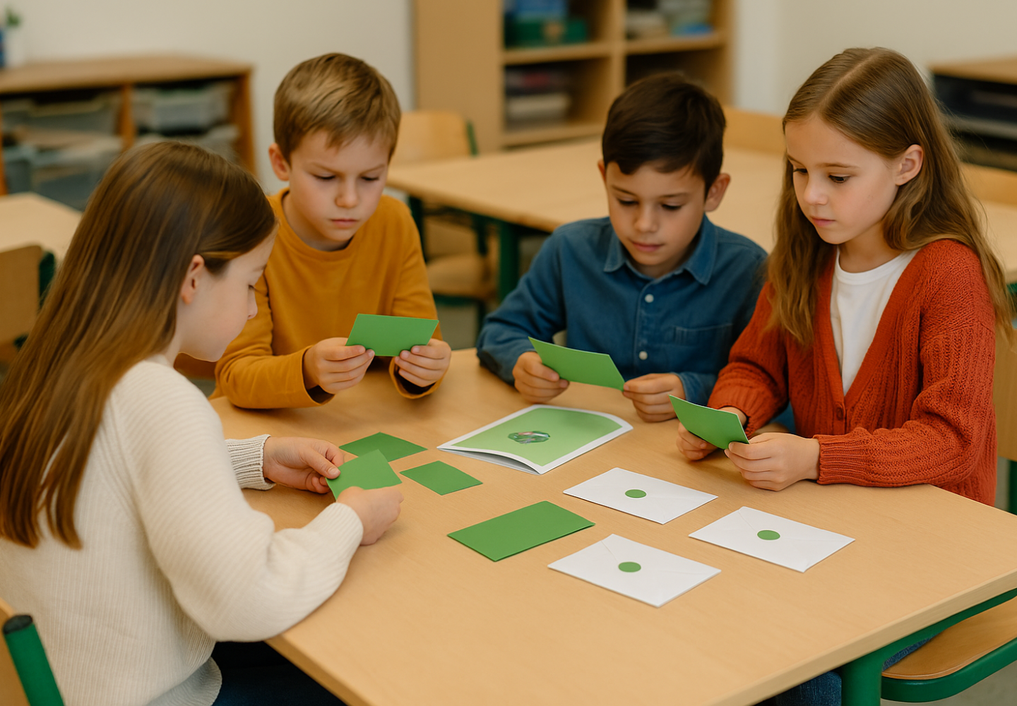 Foto van vier basisschoolleerlingen die samenwerken in de klas tijdens een escaperoomactiviteit, met groene kaartjes en witte enveloppen op tafel.