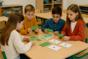 Foto van vier basisschoolleerlingen die samenwerken in de klas tijdens een escaperoomactiviteit, met groene kaartjes en witte enveloppen op tafel.