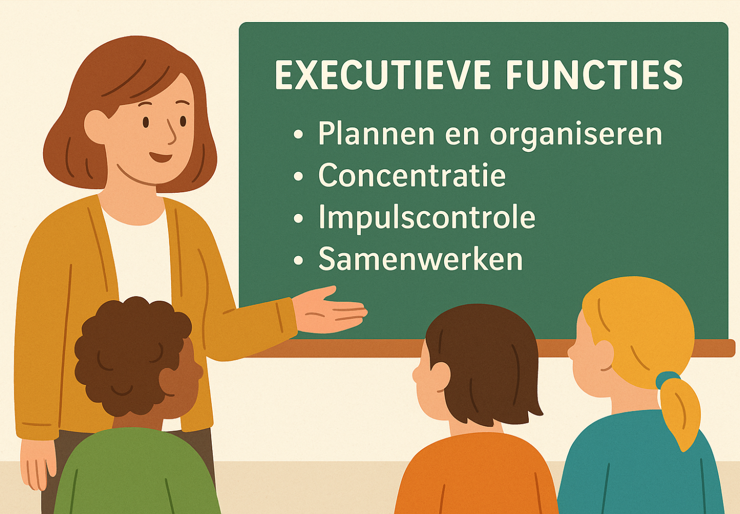 Illustratie van een juf die executieve functies uitlegt aan leerlingen met een bord waarop planning, concentratie, impulscontrole en samenwerken staan.