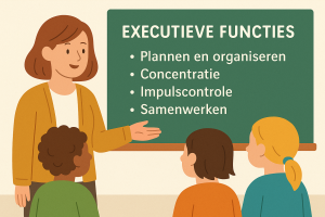 Illustratie van een juf die executieve functies uitlegt aan leerlingen met een bord waarop planning, concentratie, impulscontrole en samenwerken staan.