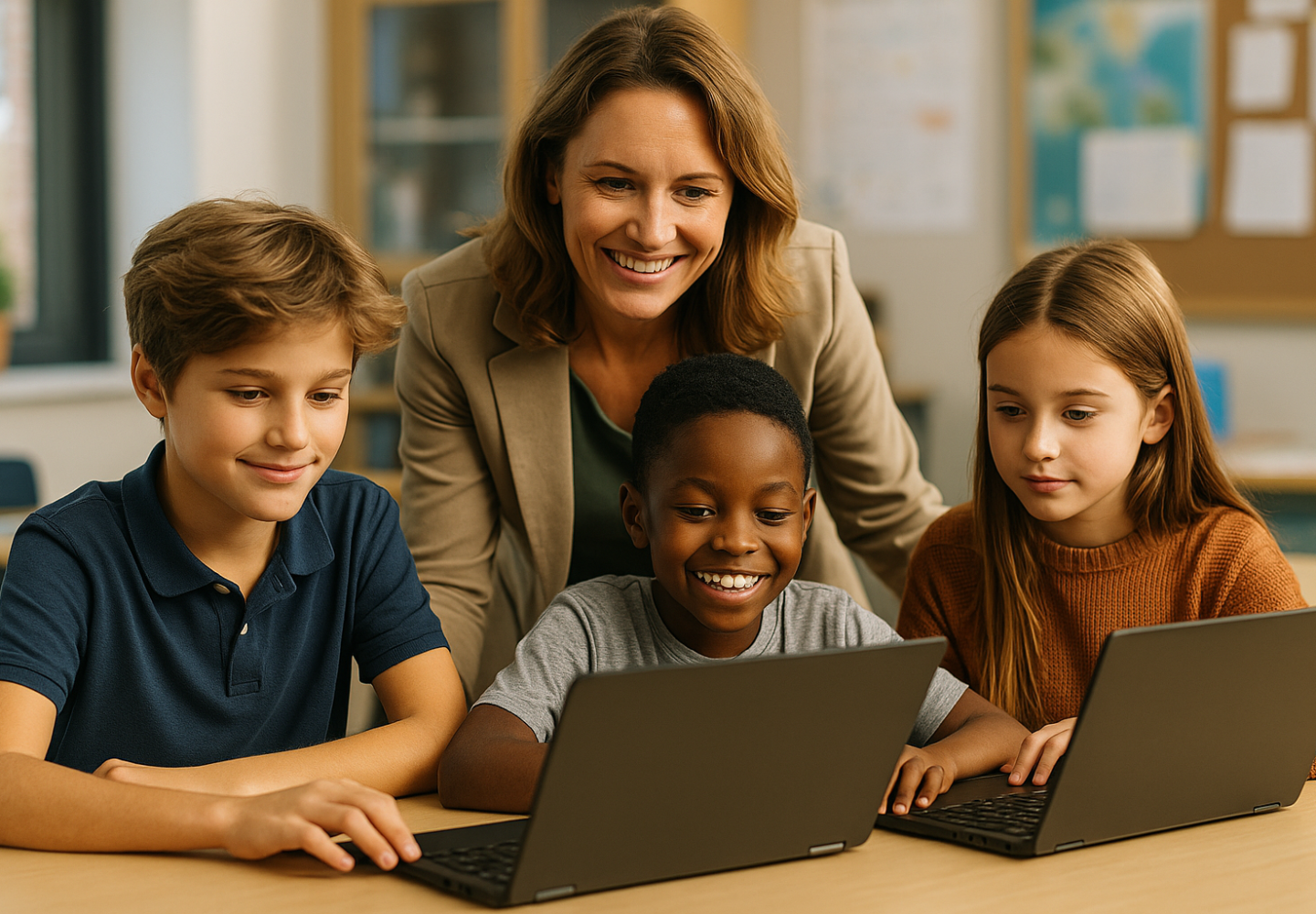 Foto van drie leerlingen die geconcentreerd met laptops werken terwijl een leerkracht glimlachend meekijkt, symbool voor gepersonaliseerd leren met AI in de klas.