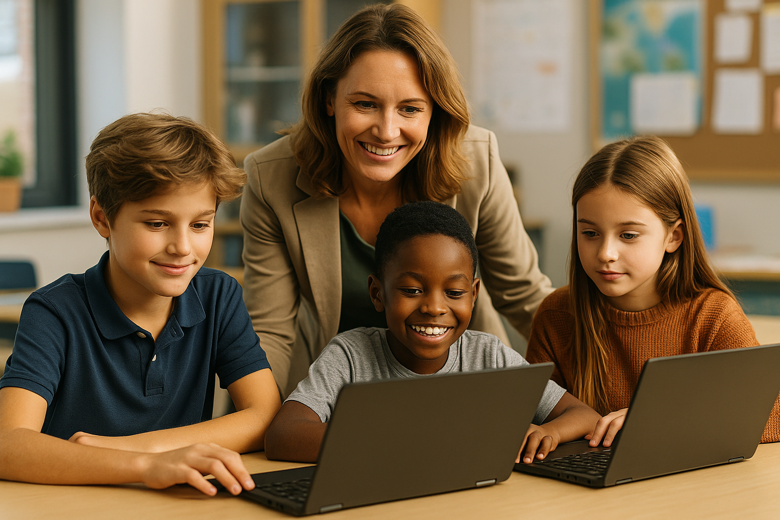 Foto van drie leerlingen die geconcentreerd met laptops werken terwijl een leerkracht glimlachend meekijkt, symbool voor gepersonaliseerd leren met AI in de klas.