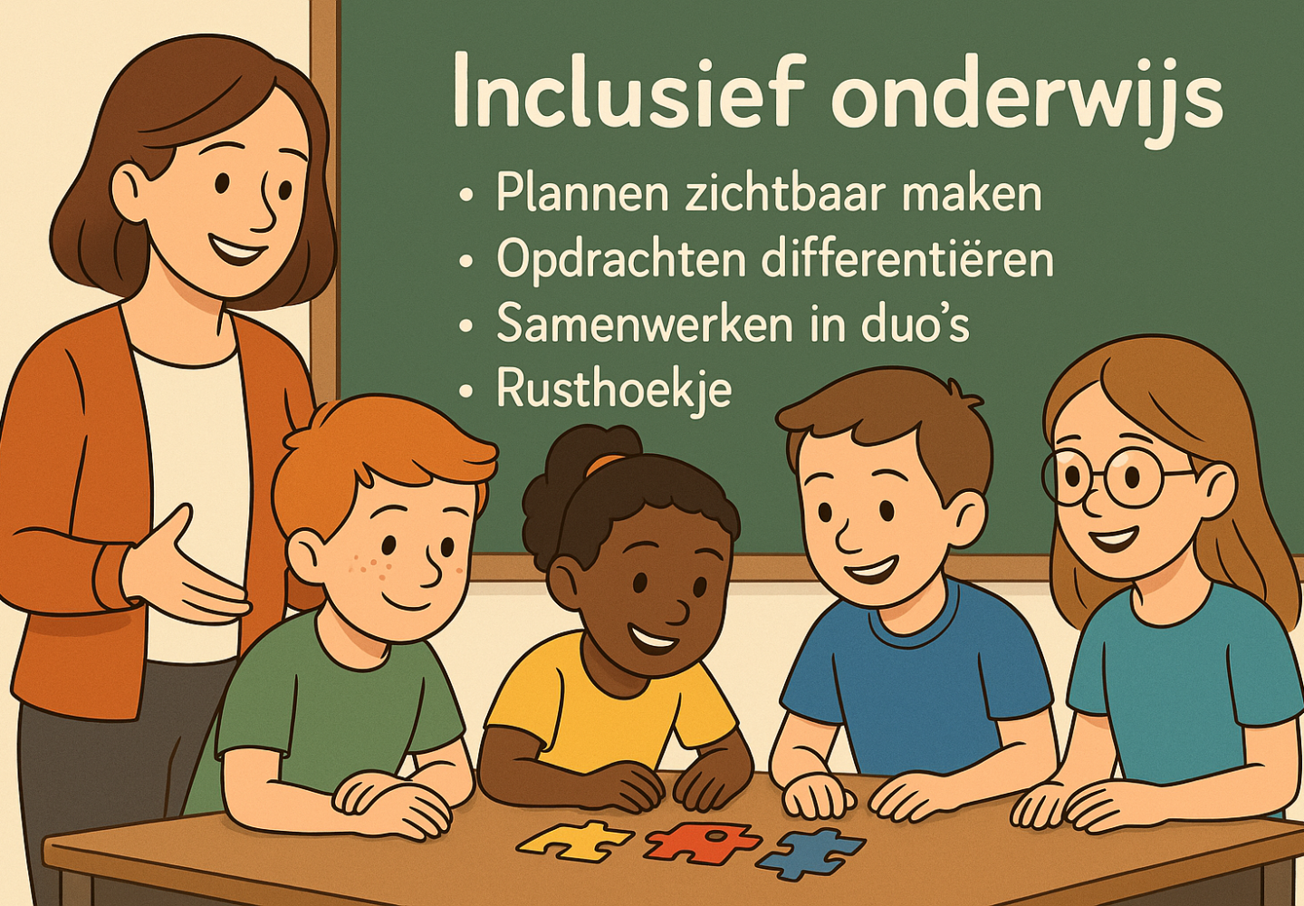 Illustratie van een juf die inclusief onderwijs uitlegt, met leerlingen die samenwerken aan puzzelstukjes en een bord waarop voorbeelden van inclusieve werkvormen staan.