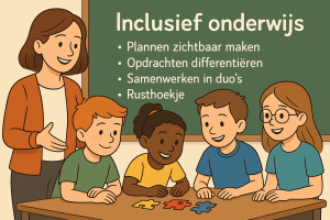 Illustratie van een juf die inclusief onderwijs uitlegt, met leerlingen die samenwerken aan puzzelstukjes en een bord waarop voorbeelden van inclusieve werkvormen staan.