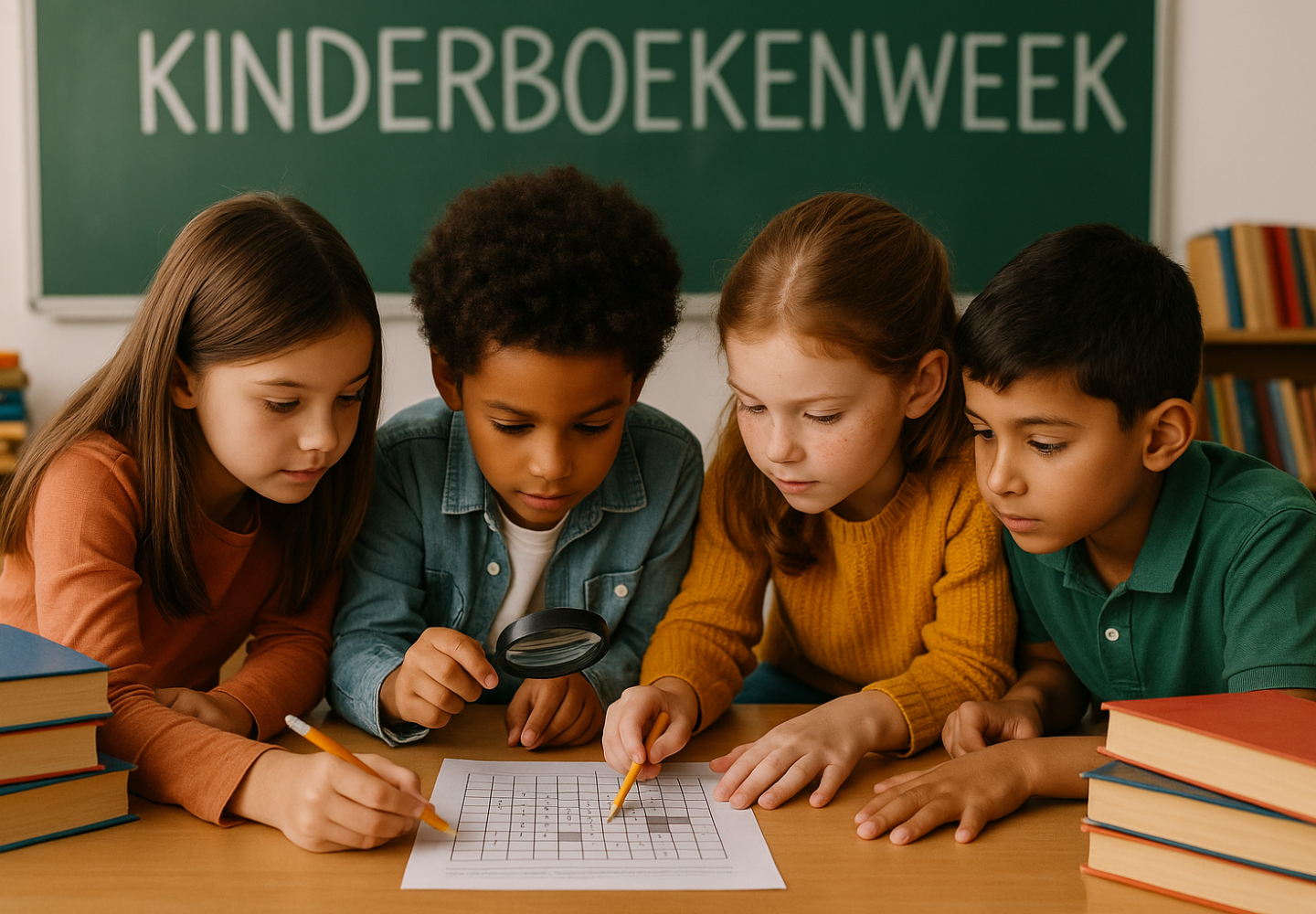 Foto van vier basisschoolleerlingen die samen een puzzel oplossen tijdens de Kinderboekenweek, met boeken en een bord waarop Kinderboekenweek staat.