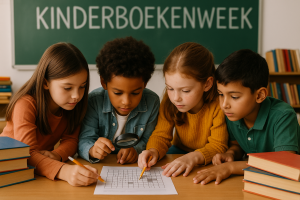 Foto van vier basisschoolleerlingen die samen een puzzel oplossen tijdens de Kinderboekenweek, met boeken en een bord waarop Kinderboekenweek staat.