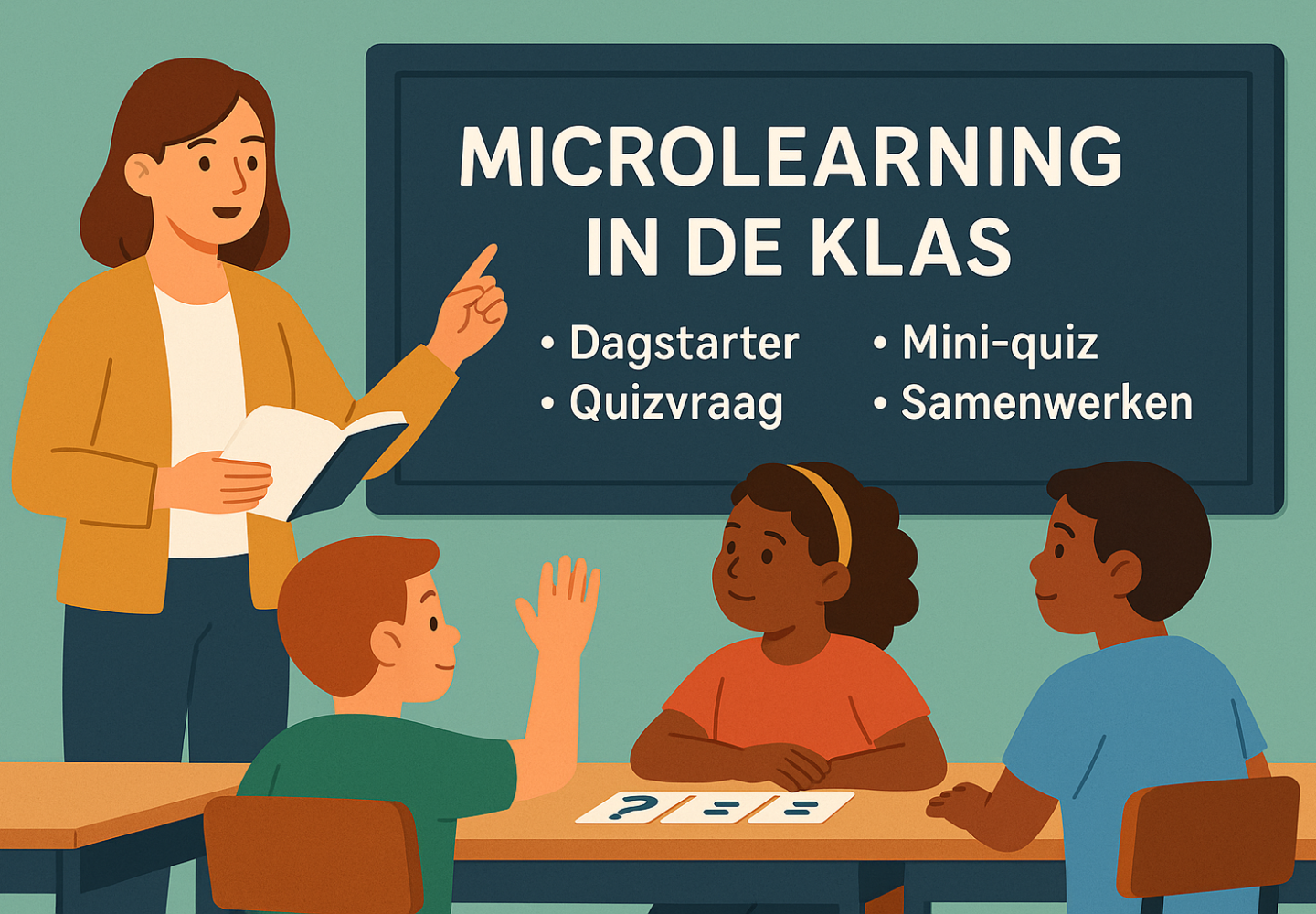 Illustratie van een juf die microlearning uitlegt aan leerlingen, met op het bord woorden als dagstarter, quizvraag, mini-quiz en samenwerken.