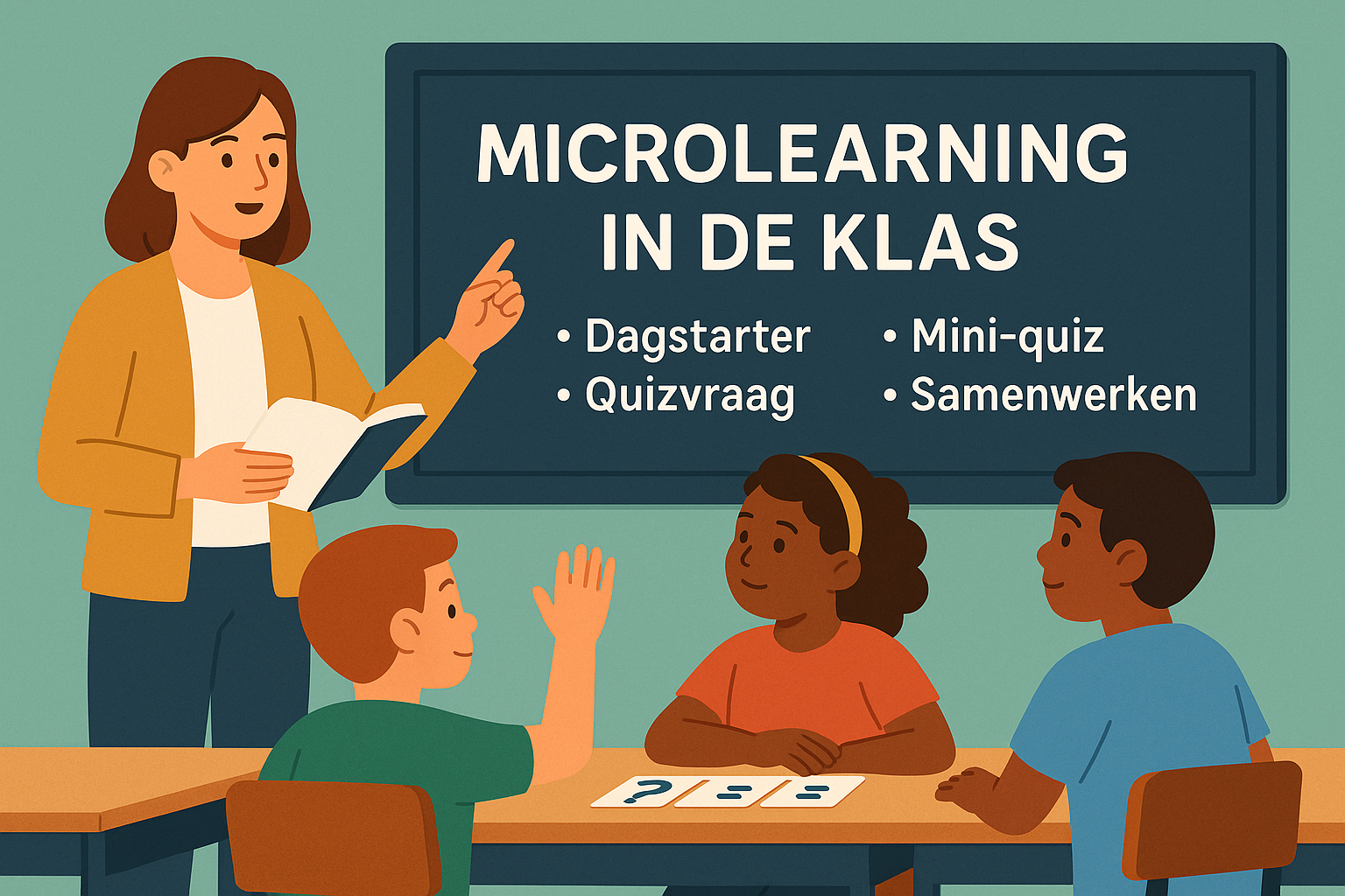 Illustratie van een juf die microlearning uitlegt aan leerlingen, met op het bord woorden als dagstarter, quizvraag, mini-quiz en samenwerken.