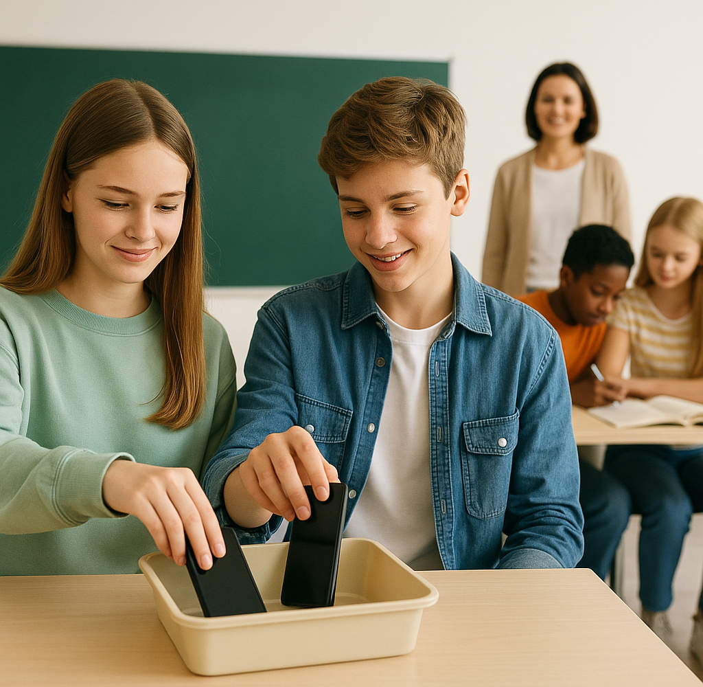 Foto van leerlingen die hun smartphone in een bak leggen tijdens een smartphonevrije middag, met een leerkracht die glimlachend toekijkt en kinderen die samen aan hun werk zitten.