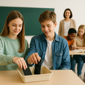 Foto van leerlingen die hun smartphone in een bak leggen tijdens een smartphonevrije middag, met een leerkracht die glimlachend toekijkt en kinderen die samen aan hun werk zitten.